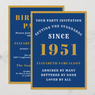 Convites 70 Personalizado Aniversário 1951 Elegante Azul Do