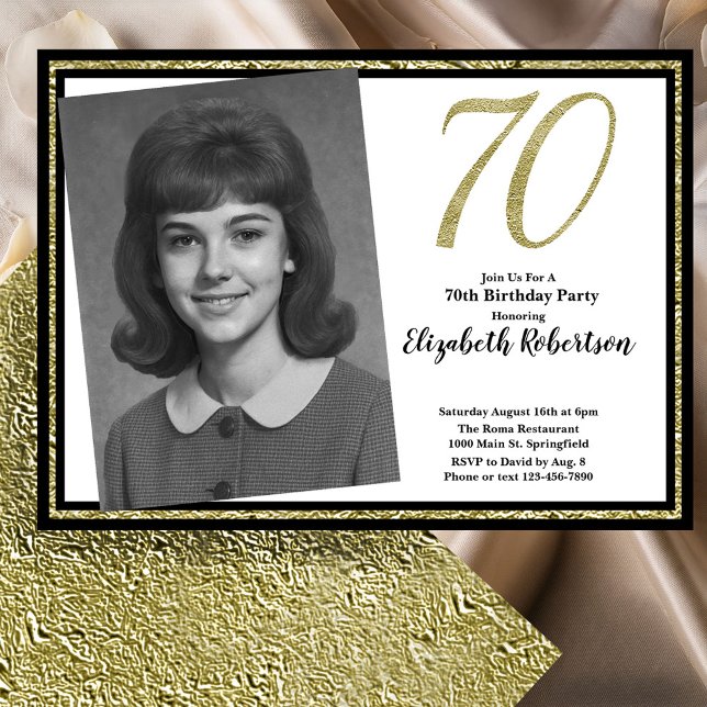 Convites 70 Personalizar Foto Branco Preto e Dourado (Criador carregado)