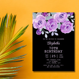 Convites 70 Preto-Rosa Floral Pastel Roxo Aniversário