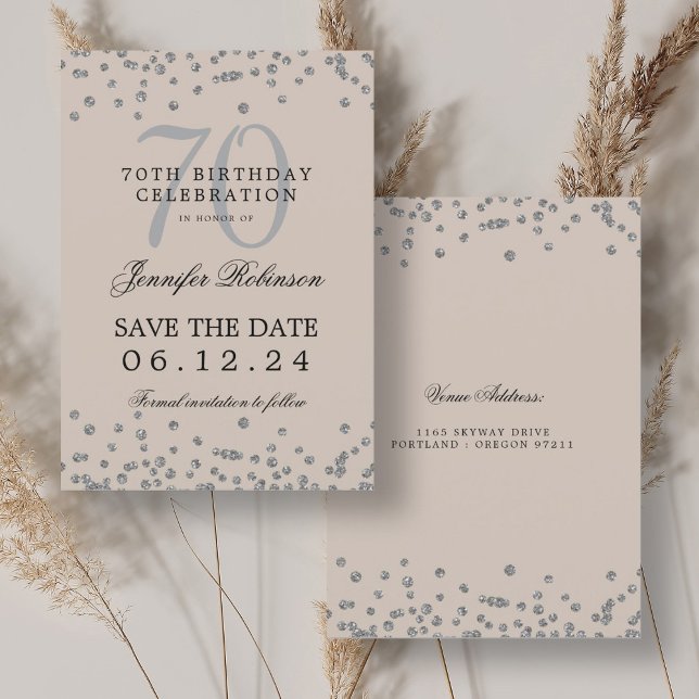 Convites 70 Silver Birthday Salvar Data Confetti Champagne (Silver 70th Birthday Save Date Confetti Champagne Invitation)