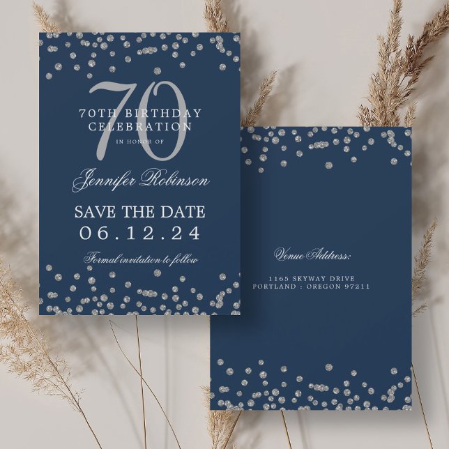 Convites 70 Silver Birthday Salvar Data e Marinho Confetti (Silver 70th Birthday Save Date Confetti Navy Invitation)