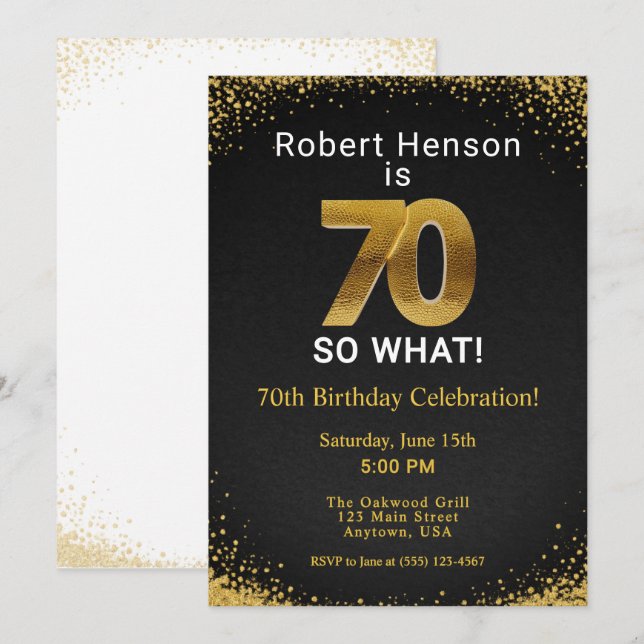 Convites 70 So What! Black Gold 70th Birthday (Frente/Verso)