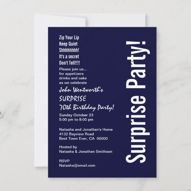 Convites 70 SURPRESA Orçamento de Aniversário de Meia-Noite (Frente)