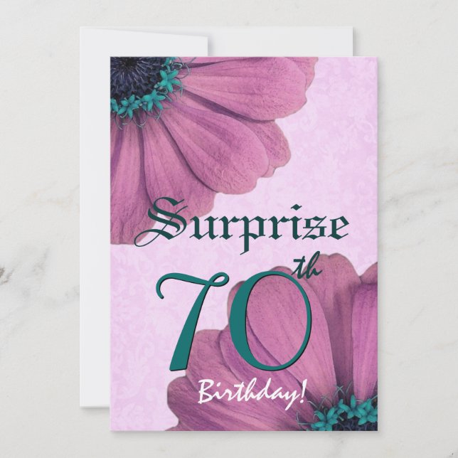 Convites 70 Surprise Birthday Pink Daisies E002 (Frente)