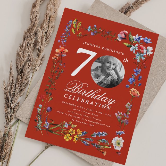 Convites 70 Vermelho de Foto Sombra de Flores Selvagens (Wildflower Meadow Photo 70th Birthday Party Red Invitation)