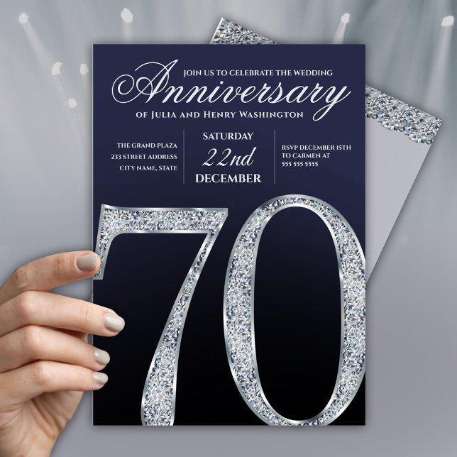 Convites 70th Anniversary Diamond Silver Navy Blue Modern (Criador carregado)