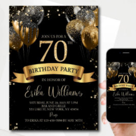 Convites 70th Birthday Invitation Template: Black & Gold Ba