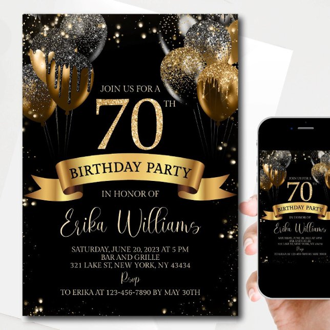 Convites 70th Birthday Invitation Template: Black & Gold Ba (Criador carregado)