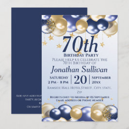 Convites 70th Birthday Navy Gold Balloons Party