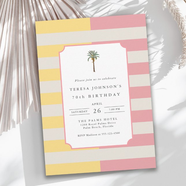Convites 70th Birthday Palm Beach Pastel Stripe Tropical (Criador carregado)