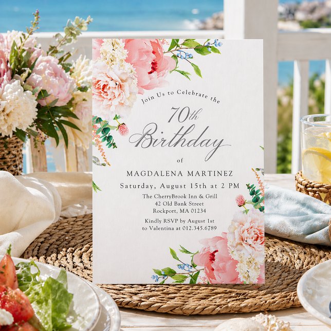 Convites 70th Birthday Party Feminine Pink Roses Floral (Criador carregado)