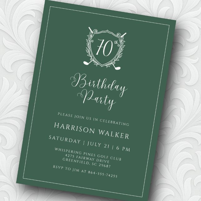 Convites 70th Birthday Party Golf Crest Elegant Script Sage (Script font adds just the right touch of elegance. )