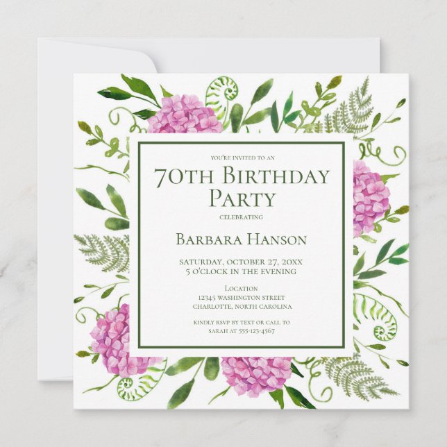 Convites 70th Birthday Pink Hydrangeas Card Request  (Frente)