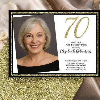 Convites 70th Custom Photo White Black and Gold