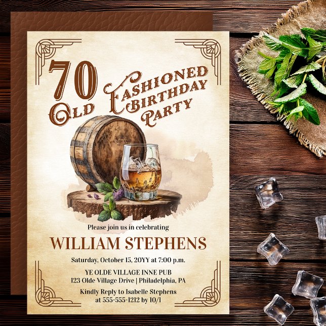 Convites 70th Old Fashioned Whiskey Barrel Birthday Party (Old Fashioned whiskey barrel 70th birthday invitation vintage masculine style)