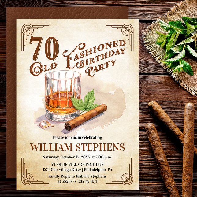 Convites 70th Old Fashioned Whiskey Cigar Birthday Party (Old Fashioned whiskey 70th birthday invitation with vintage masculine style)