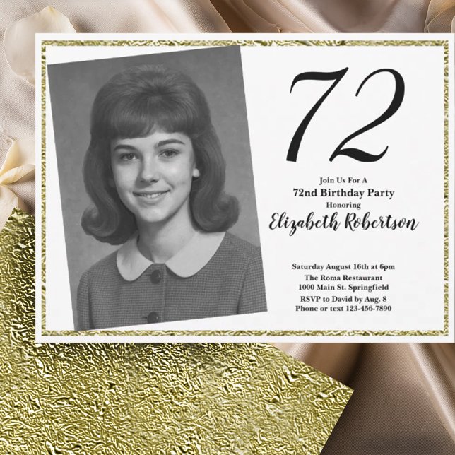 Convites 72º Personalizado Foto Branco e Dourado  (Criador carregado)