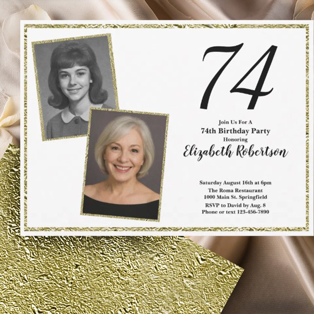 Convites 74º Personalizado Foto Branco e Dourado  (Criador carregado)