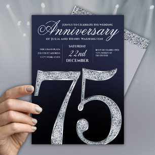 Convites 75º Aniversário Diamante Prata Azul-Marinho Modern