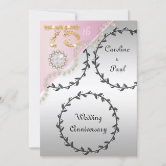 Convites 75º aniversário do casamento Embossed Silver Rosa