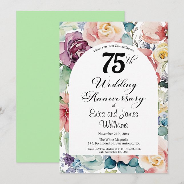 Convites 75º aniversário do casamento Script Elegante Flora (Frente/Verso)