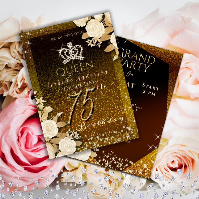Convites 75º aniversário Dourado da Coroa Glittering (Elegant crown birthday Invitation card for your mom or grandmother for her special 75th birthday.)