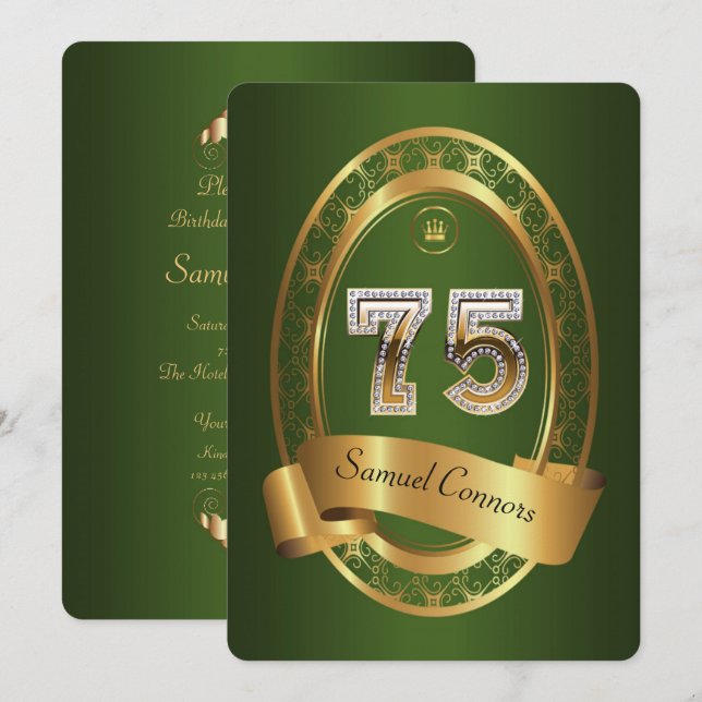 Convites 75º,festa de aniversário homem, elegante cor (Frente/Verso)