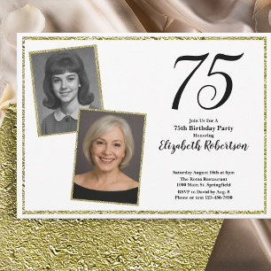 Convites 75º Personalizado Foto Branco e Dourado 