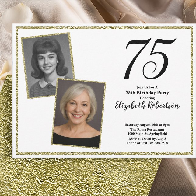 Convites 75º Personalizado Foto Branco e Dourado  (Criador carregado)