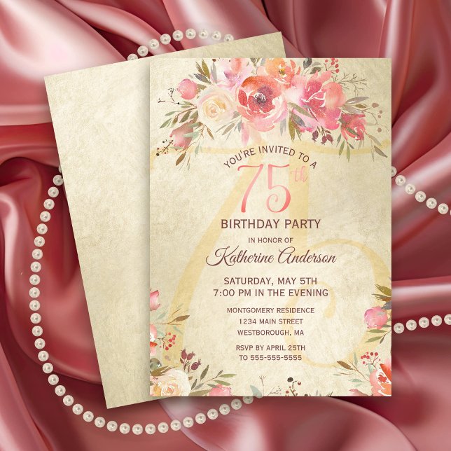 Convites 75.º Aniversário do Partido Shimmer Dourado Rosas  (Vintage Pink Rose Gold Shimmer 75th Birthday Party Invitation)