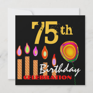 Convites 75. º aniversário Douradas velas e balões metá
