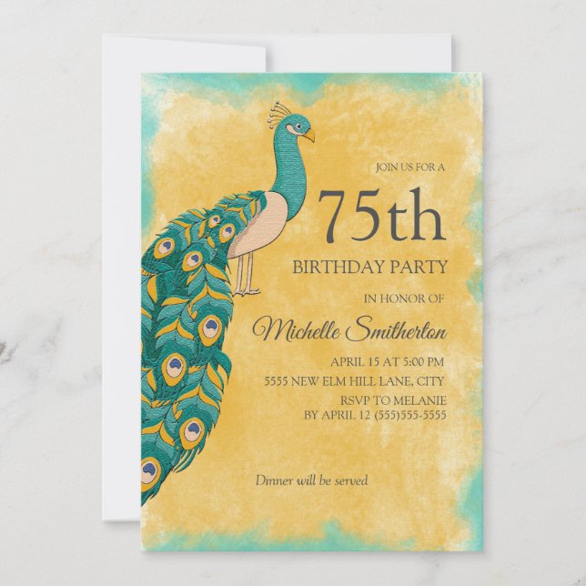 Convites 75.o Aniversário Pavão de Aquarela Amarelo Teal (Frente)
