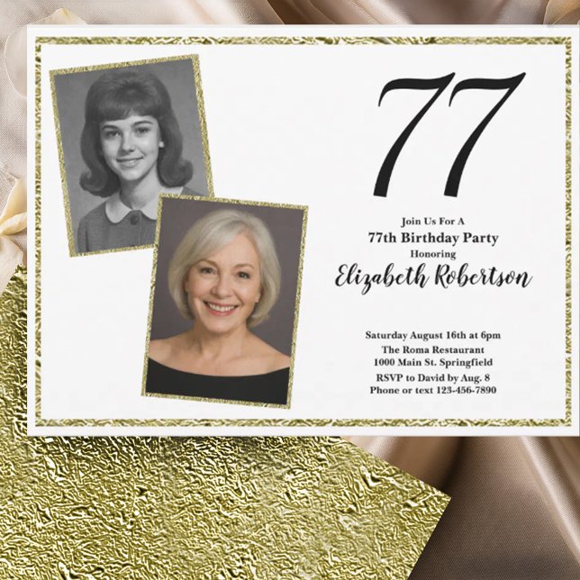 Convites 77º Personalizado Foto Branco e Dourado  (Criador carregado)