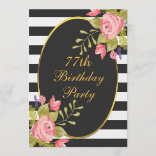 Convites 77.º Aniversário Floral Black White Stripes Gold F