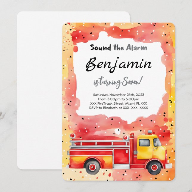 Convites 7 Birthday Fire Truck (Frente/Verso)