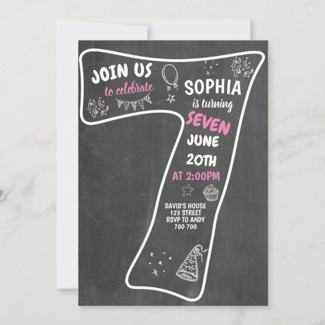 Convites 7 Birthday Girl Chalkboard Número Rosa (Frente)