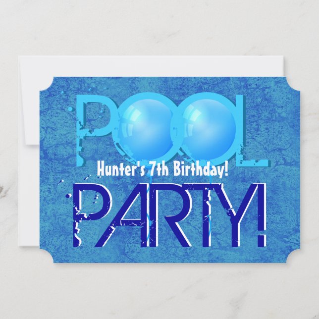 Convites 7 Birthday Kid's Piscina Party Blue V07A (Frente)