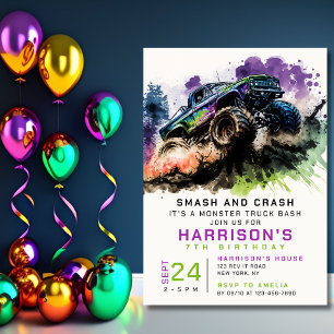 Convites 7 Birthday Monster Truck Smash Crash Boy