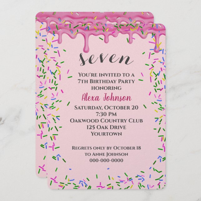 Convites 7 Birthday Pink Iching E Sprinkles (Frente/Verso)