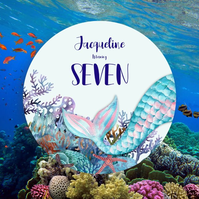 Convites 7 Birthday Watercolor Sereia Sob O Mar (Criador carregado)