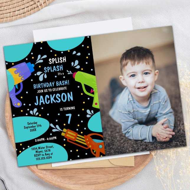 Convites 7 Black Green Photo Water Invtions (7th Black Green Photo Water Gun Invitations)