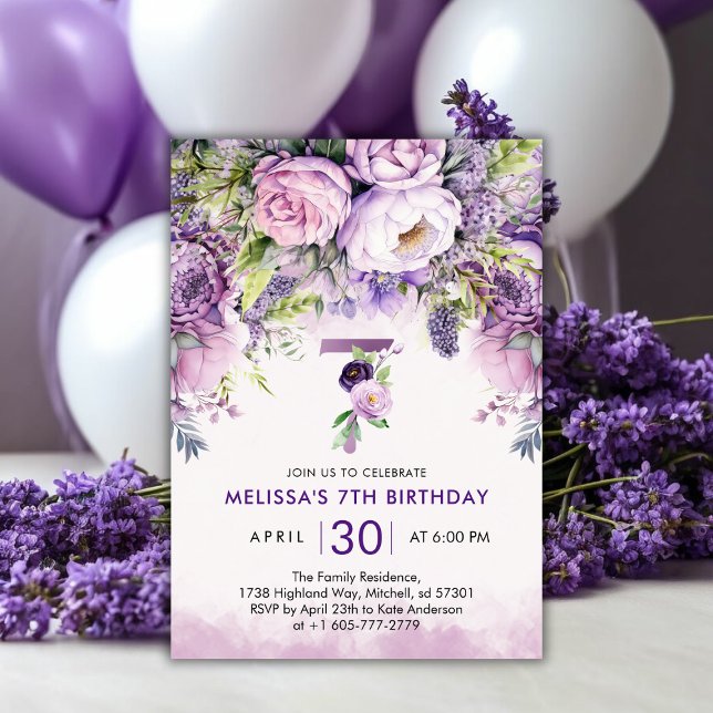 Convites 7 de Aniversário da Garden Flowers de Púrpura e Ro (Purple & Pink Garden Flowers Girl 7th Birthday Invitation)