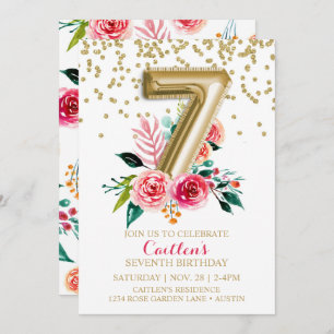 Convites 7 de Balão de Ouro Flores Selvagens de Aniversário