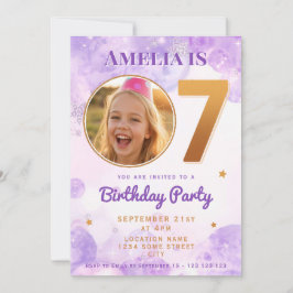 Convites 7 Purple Gold Star Bubbles Birthday Invitation