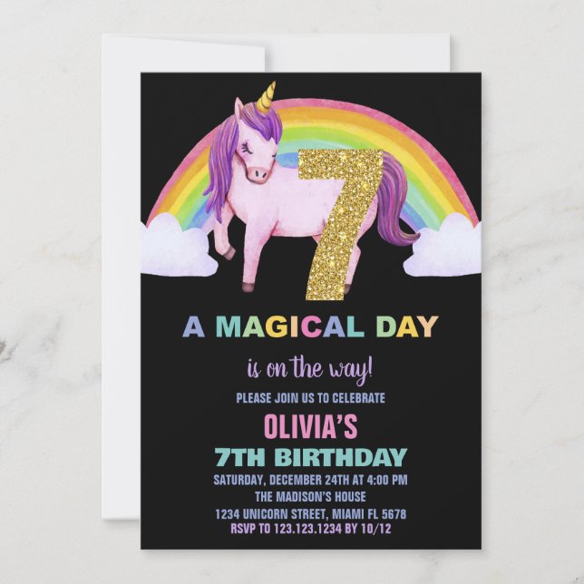 Convites 7 Rainbow Unicorn Aniversações de Aniversário Glit (Frente)