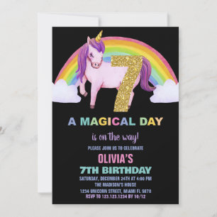 Convites 7 Rainbow Unicorn Aniversações de Aniversário Glit