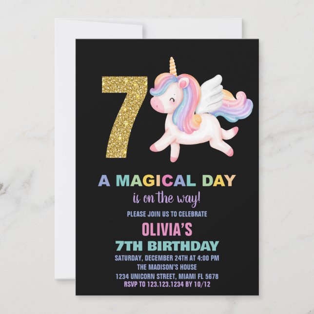 Convites 7 Rainbow Unicorn Aniversário Invoca Preto (Frente)
