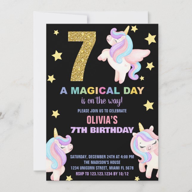 Convites 7 Rainbow Unicorn Aniversário Voa (Frente)