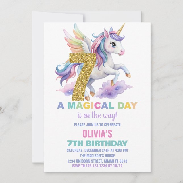 Convites 7 Rainbow Unicorn Aniversário Voa (Frente)