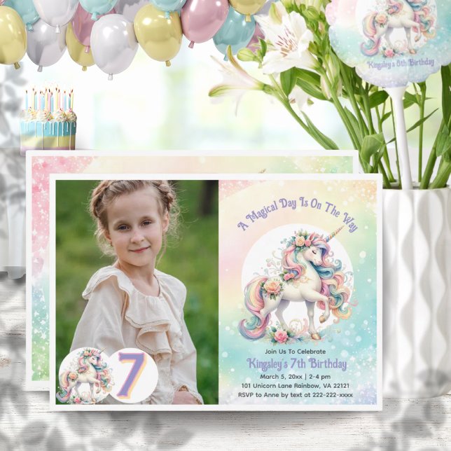 Convites 7 Sétimo Aniversário do Pastel Rainbow Unicorn (7th Seventh Unicorn Pastel Rainbow Birthday Invitation)